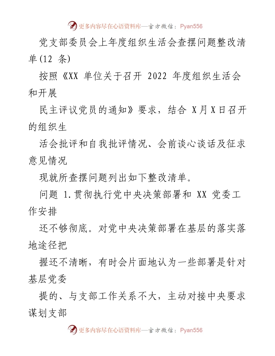 [整改清单] 党支部委员会 - 2022年度组织生活会问题整改措施总结.docx_第1页