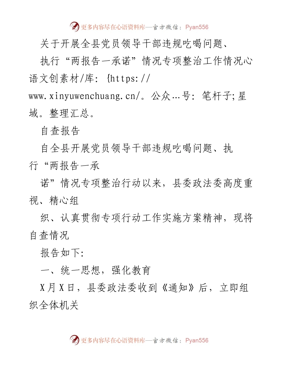[自查报告] 全县党员领导干部专项整治 - 全县党员领导干部违规吃喝问题自查报告.docx_第1页