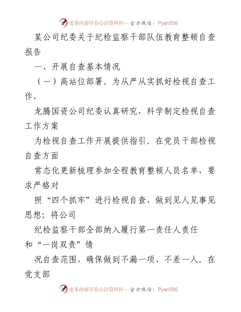 [自查报告] 公司纪委 - 纪检监察干部队伍教育整顿自查报告总结.docx_第1页