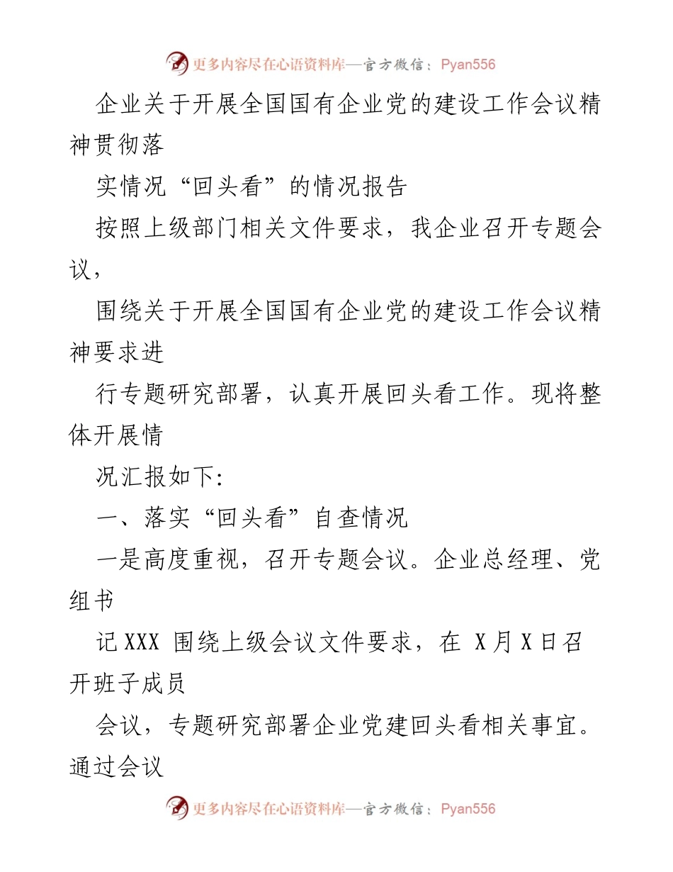 [情况报告] 党建工作 - 企业党建回头看工作落实情况报告.docx_第1页