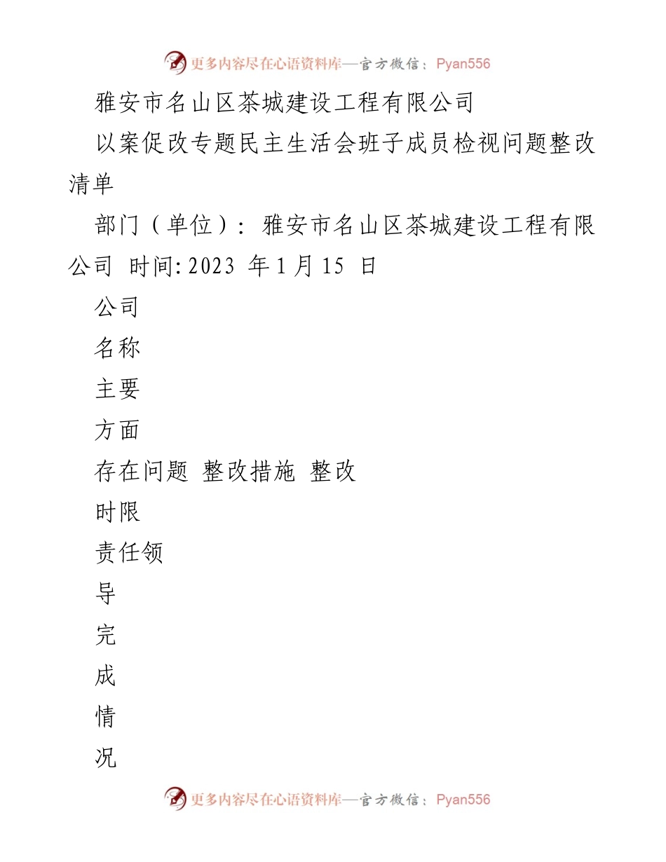 [整改清单] 专题民主生活会 - 雅安市名山区茶城建设工程有限公司问题整改措施总结.docx_第1页