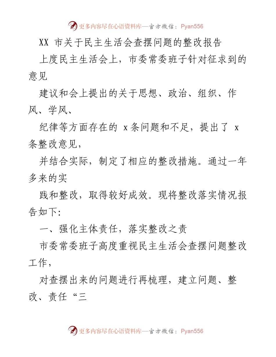 [整改报告] 民主生活会 - XX市民主生活会问题整改落实情况报告.docx_第1页