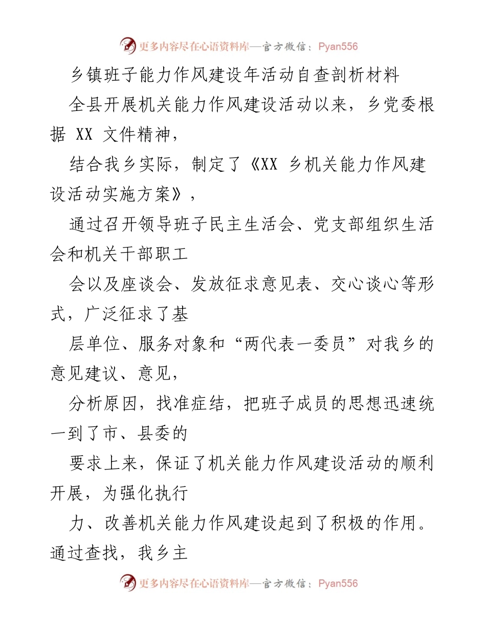 [自查剖析] 乡镇机关能力作风建设 - 乡镇机关能力作风建设年活动自查剖析报告.docx_第1页