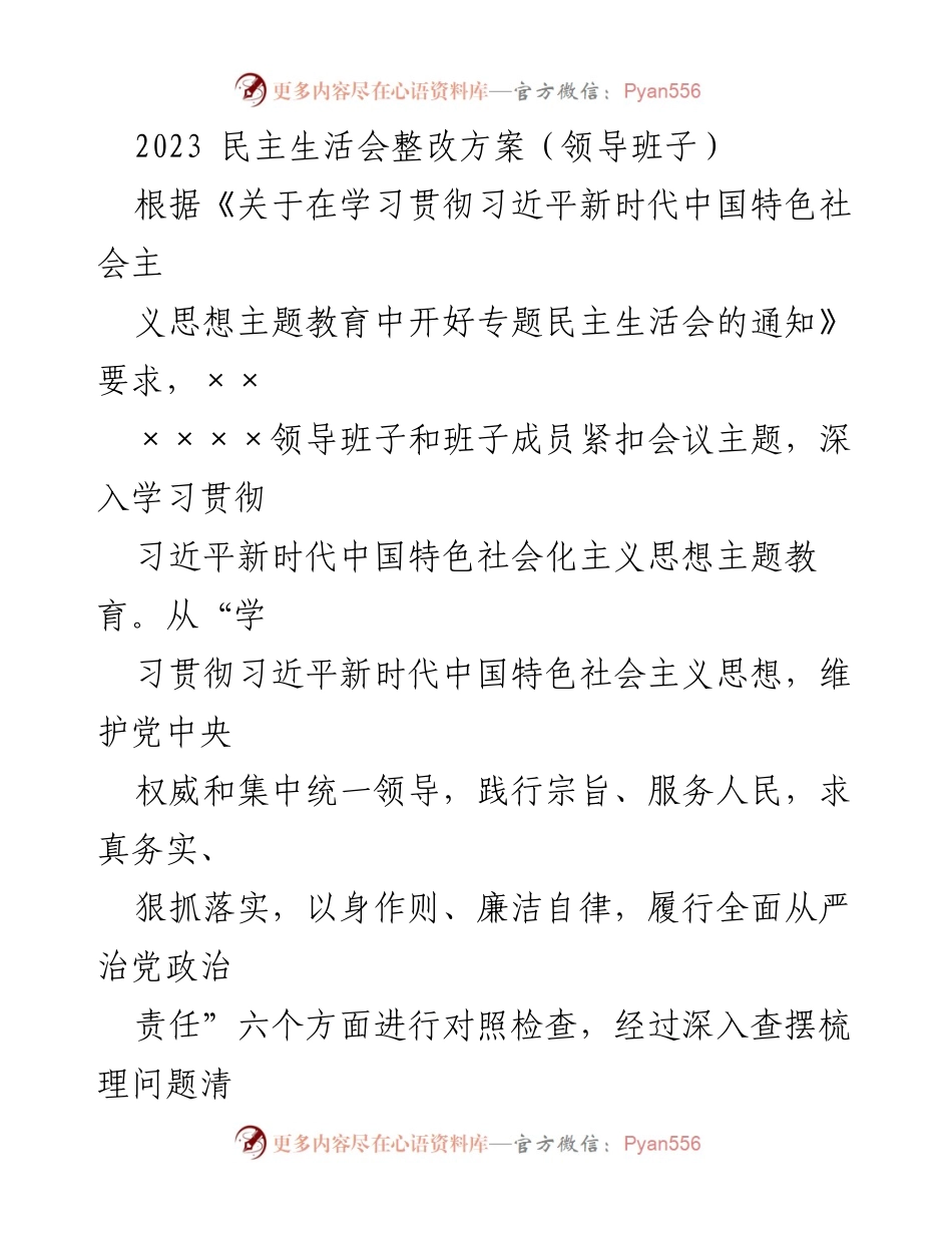 [整改方案] 民主生活会 - 2023年领导班子民主生活会整改方案_1.docx_第1页