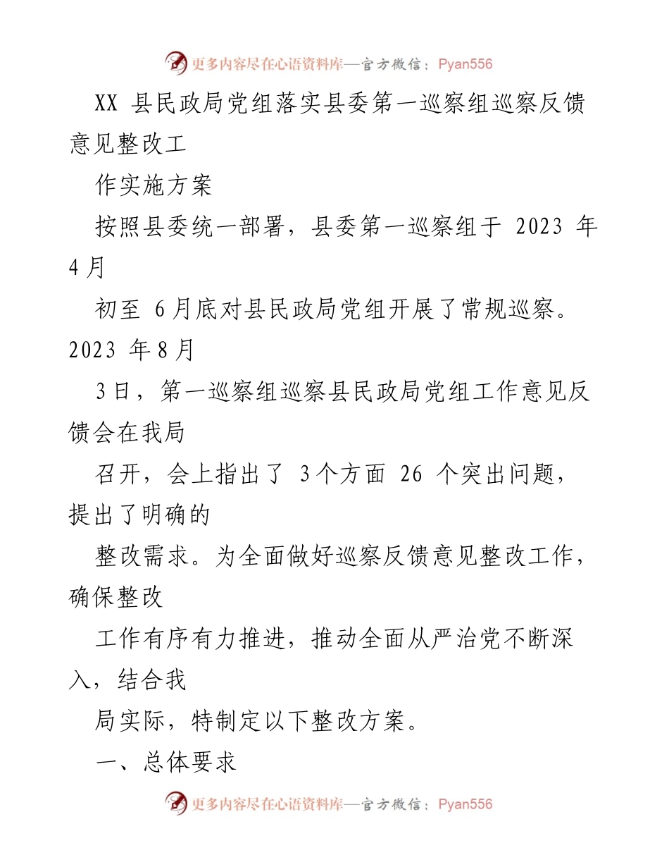 [整改方案] 巡察反馈会 - XX县民政局党组巡察反馈意见整改实施方案.docx_第1页