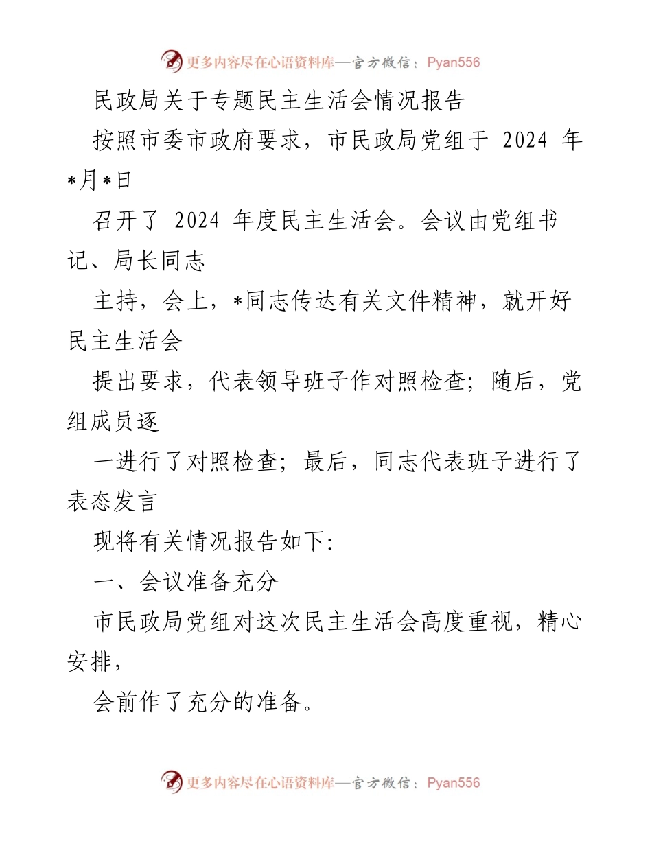 [情况报告] 民政局年度民主生活会 - 民政局2024年度民主生活会情况报告.docx_第1页