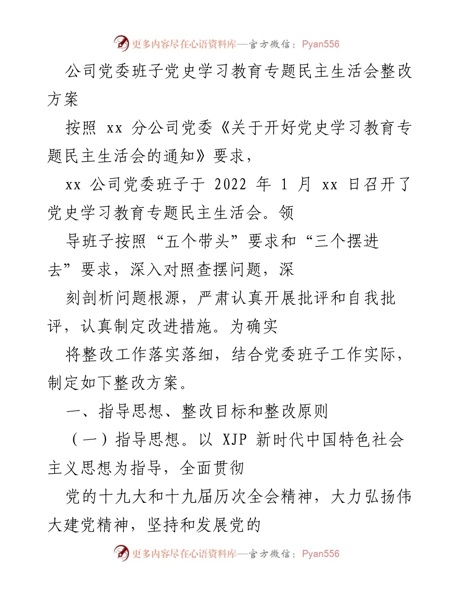 [整改方案] 党史学习教育专题民主生活会 - 公司党委班子整改方案概述.docx_第1页
