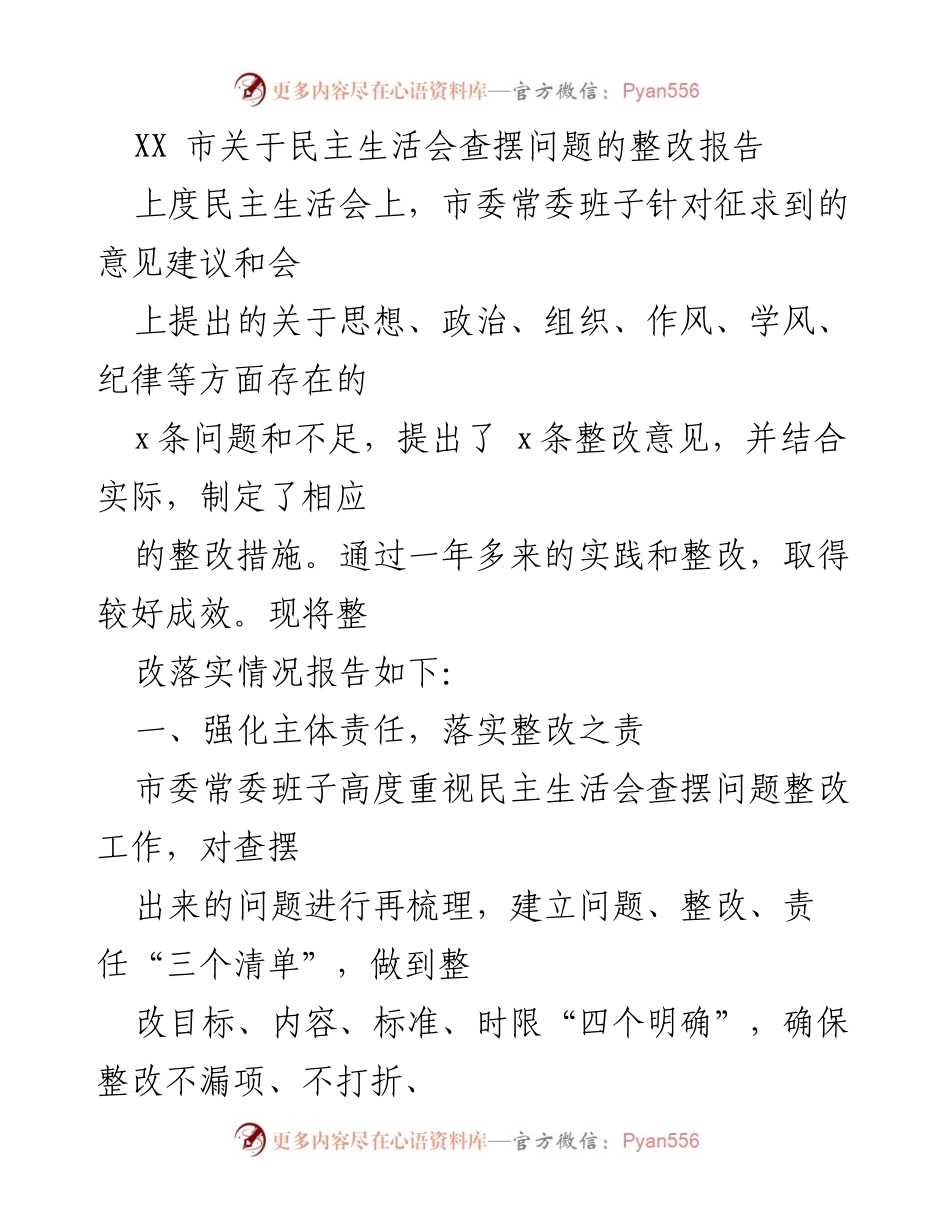 [整改报告] 民主生活会 - XX市民主生活会问题整改落实情况报告_1.docx_第1页