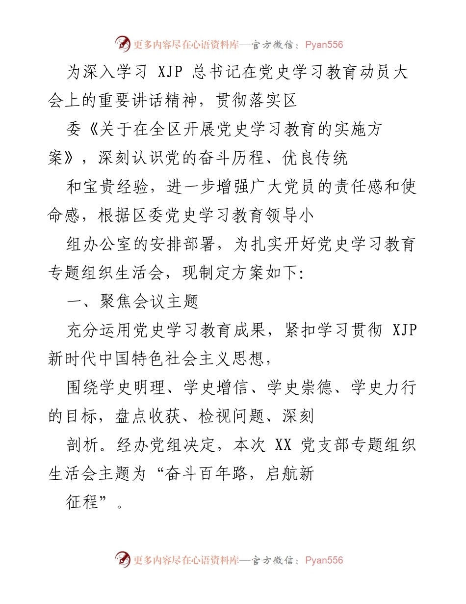 [方案] 党支部专题组织生活会 - 加强党史学习教育，激发党员责任感与使命感.docx_第1页