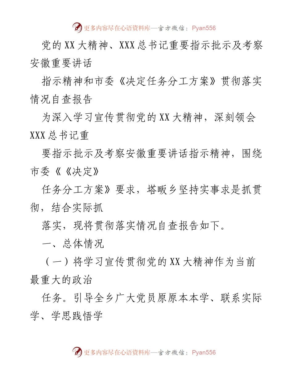 [自查报告] 乡镇党建工作 - 贯彻落实党的XX大精神自查报告.docx_第1页
