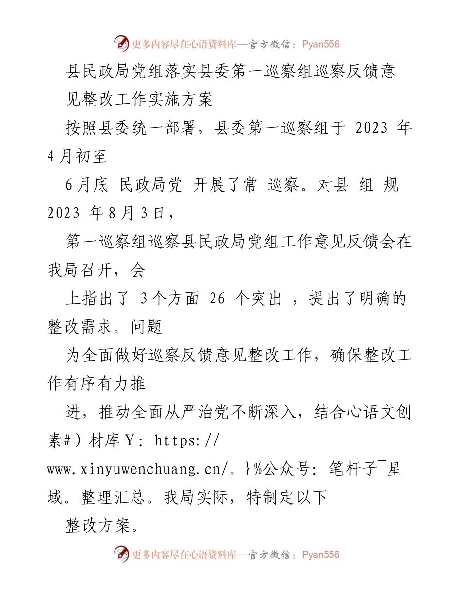 [整改方案] 巡察反馈会 - 县民政局党组巡察反馈整改实施方案.docx_第1页
