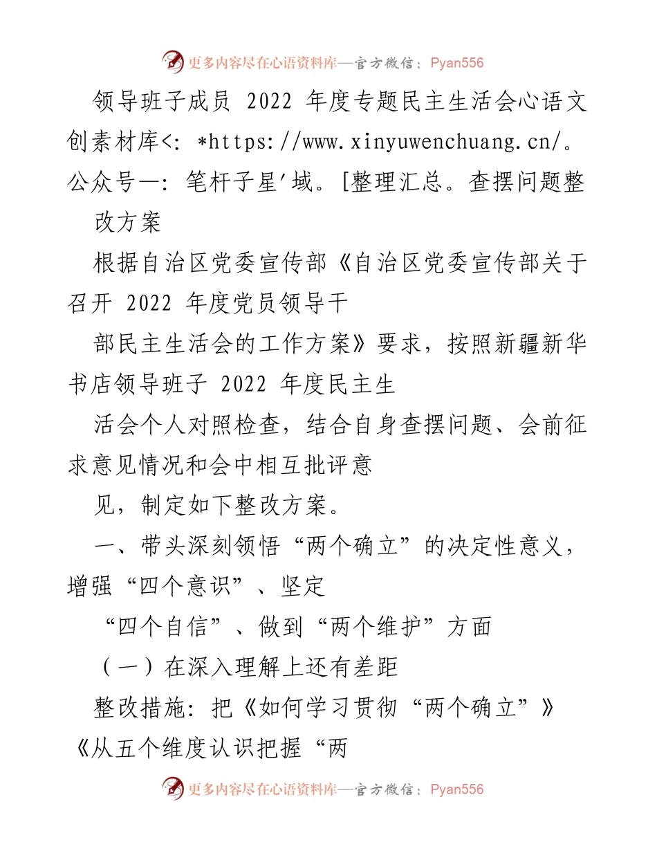 [整改方案] 领导班子年度民主生活会 - 2022年度民主生活会整改方案_1.docx_第1页
