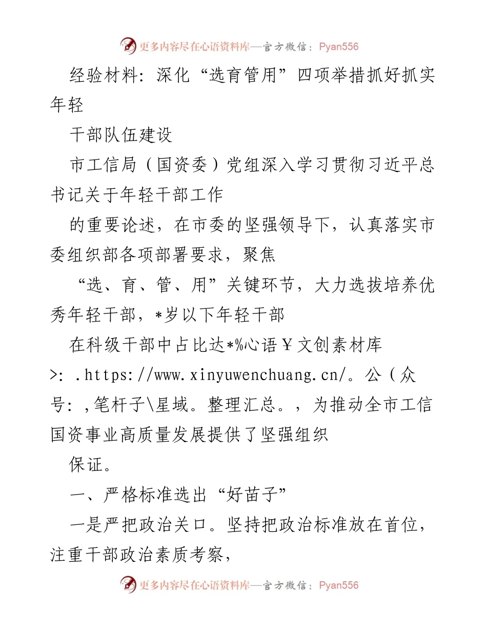[经验材料] 工作总结 - 深化“四项举措”推动年轻干部队伍建设_1.docx_第1页