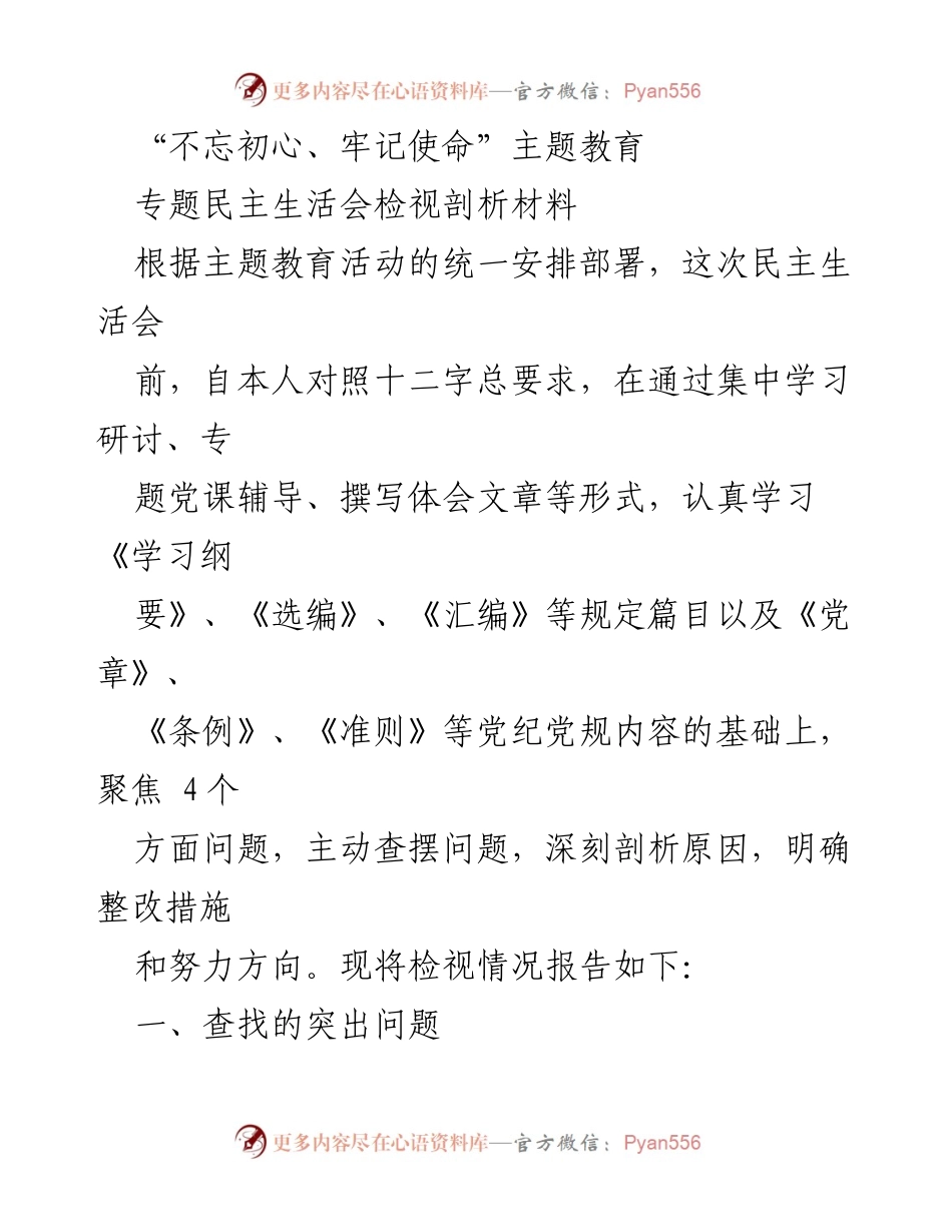 [检视剖析材料] 主题教育民主生活会 - 深入查摆问题，明确整改方向.docx_第1页