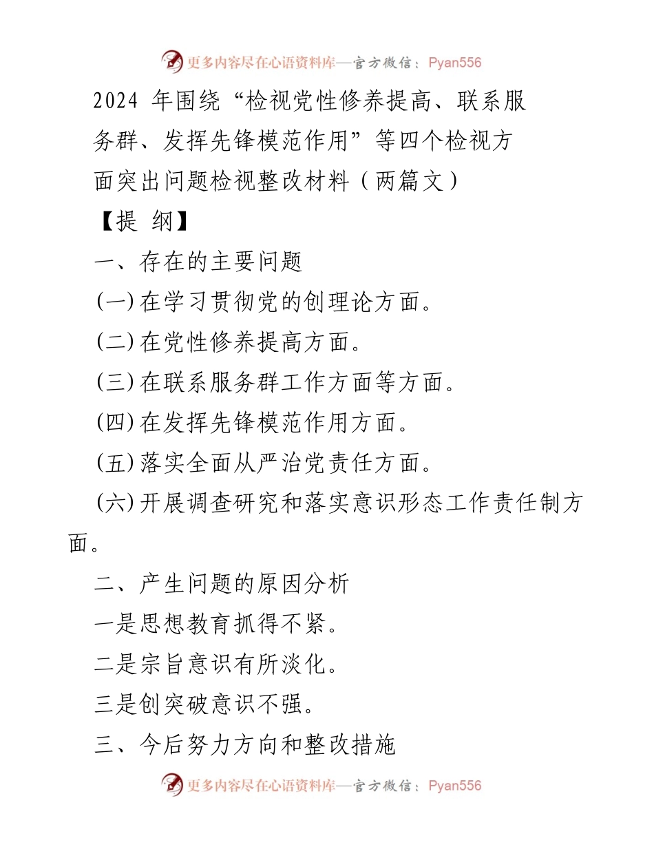 [整改报告] 组织生活会 - 2024年党性修养与先锋模范作用检视整改报告.docx_第1页