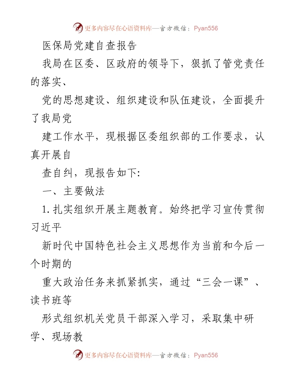 [自查报告] 医保局党建工作 - 医保局党建自查报告总结与改进措施.docx_第1页
