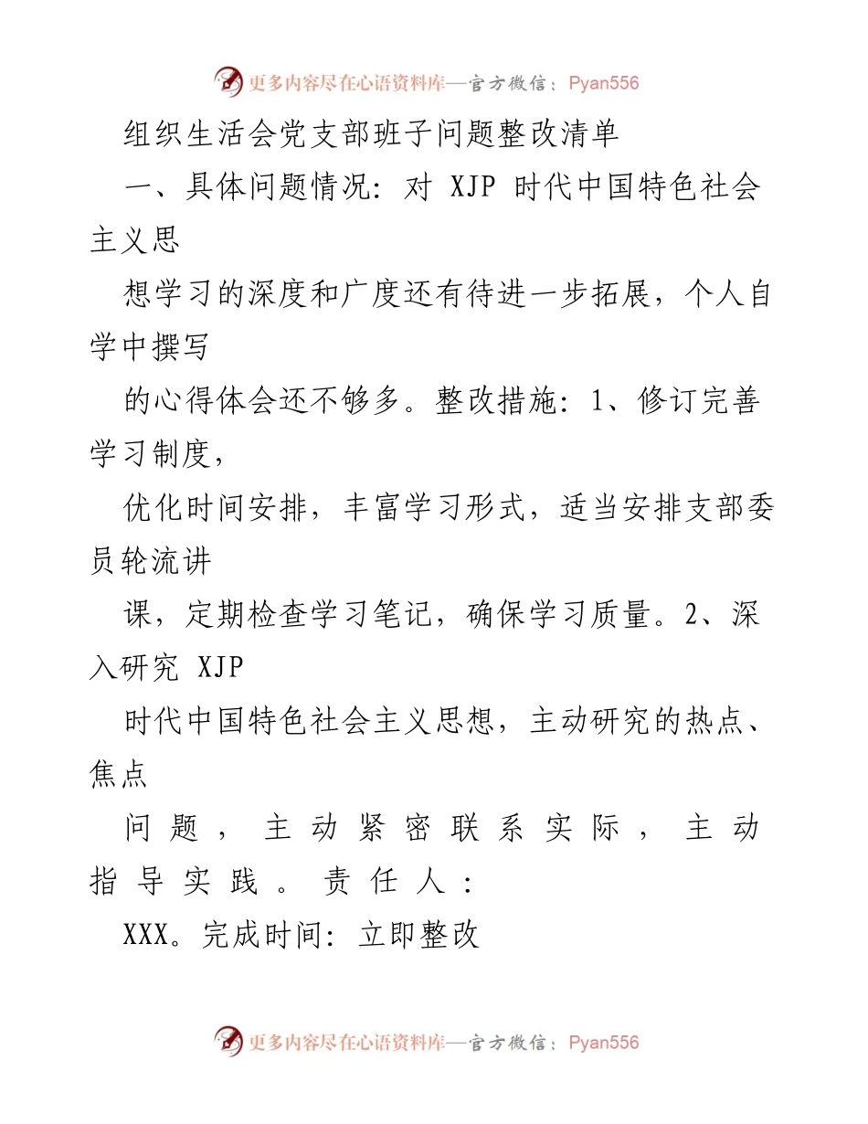 [整改清单] 组织生活会 - 党支部班子问题整改措施汇总_1.docx_第1页