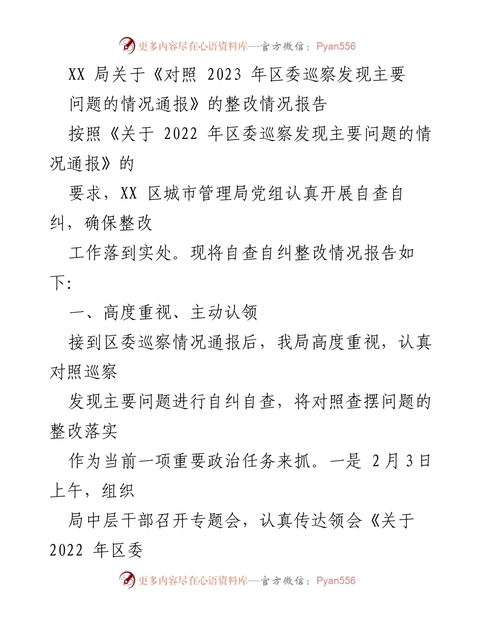 [整改报告] XX局 - 2023年区委巡察问题整改情况总结.docx_第1页