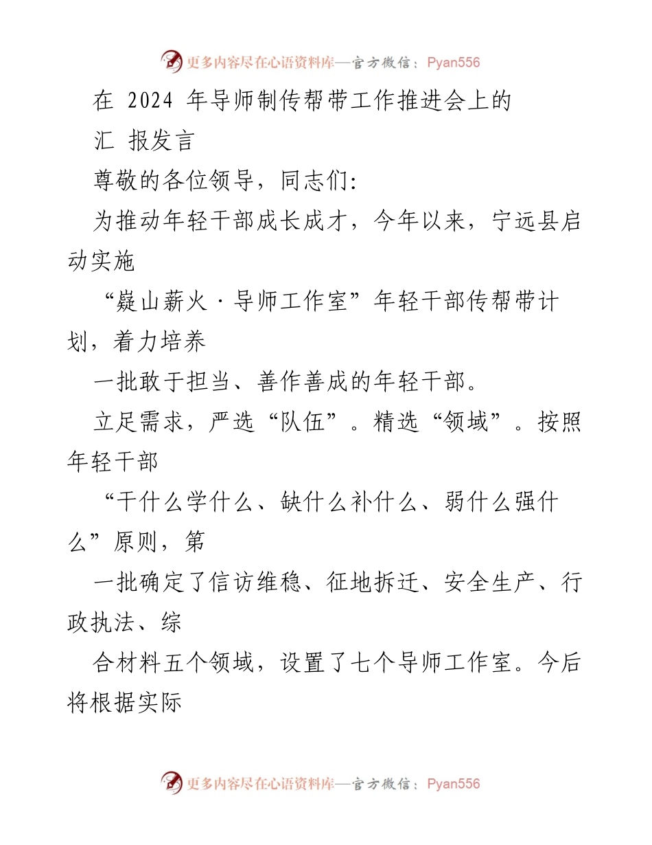 [汇报发言] 2024 年导师制传帮带工作推进会 - 推动年轻干部成长的“嶷山薪火·导师工作室”计划实施汇报.docx_第1页