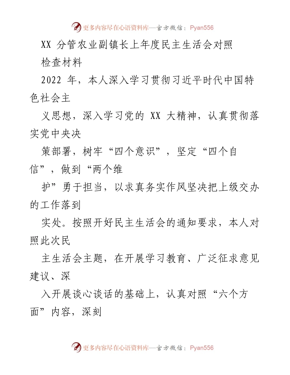 [检查材料] 民主生活会 - 农业副镇长年度对照检查与整改报告.docx_第1页