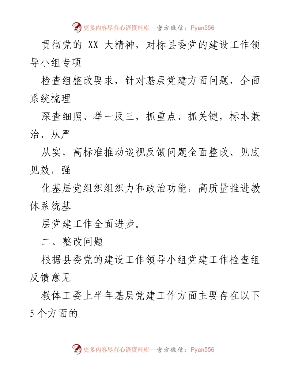 [整改方案] 基层党建工作 - XX县教体工委上半年基层党建问题整改专项行动方案.docx_第2页