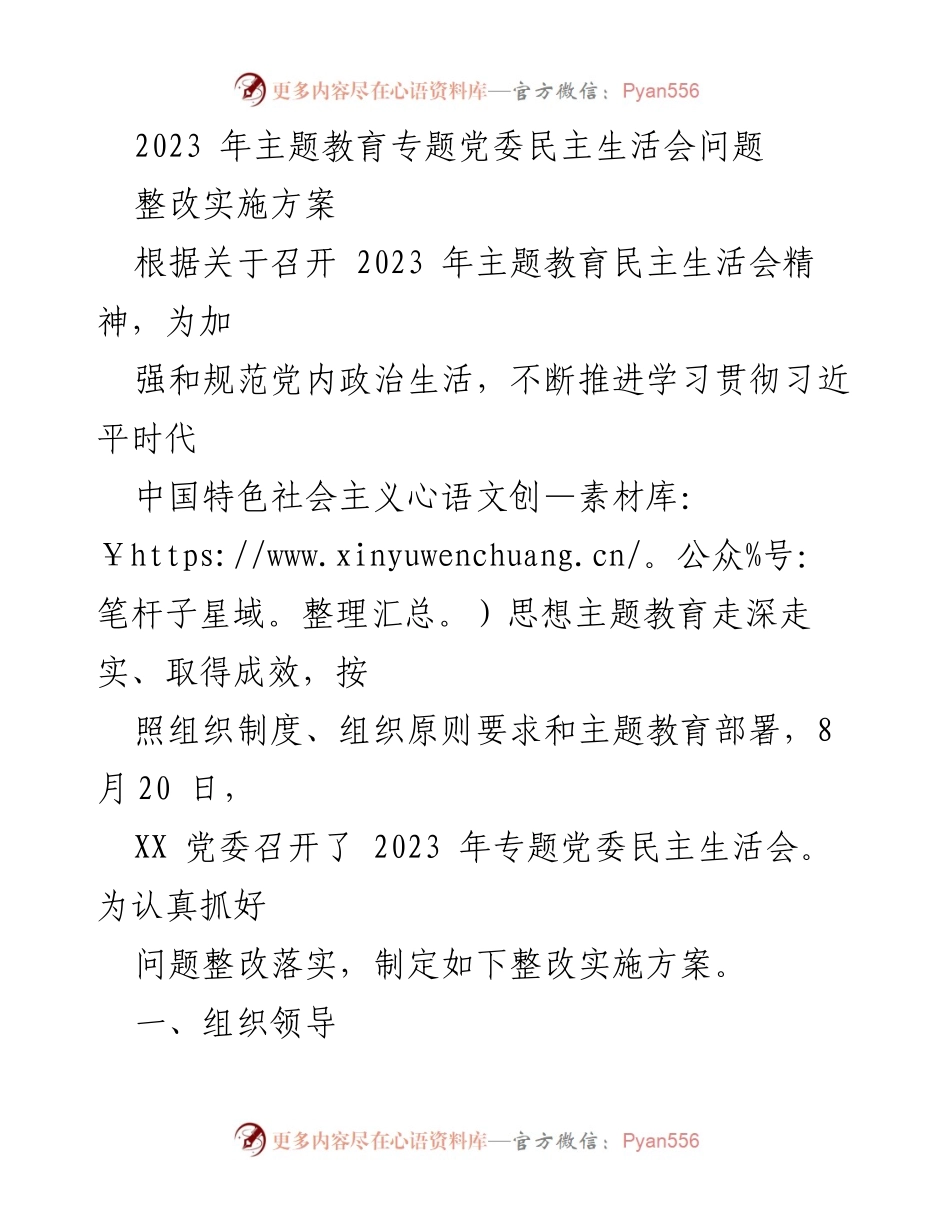 [整改实施方案] 党委民主生活会 - 2023年主题教育专题党委民主生活会整改实施方案.docx_第1页