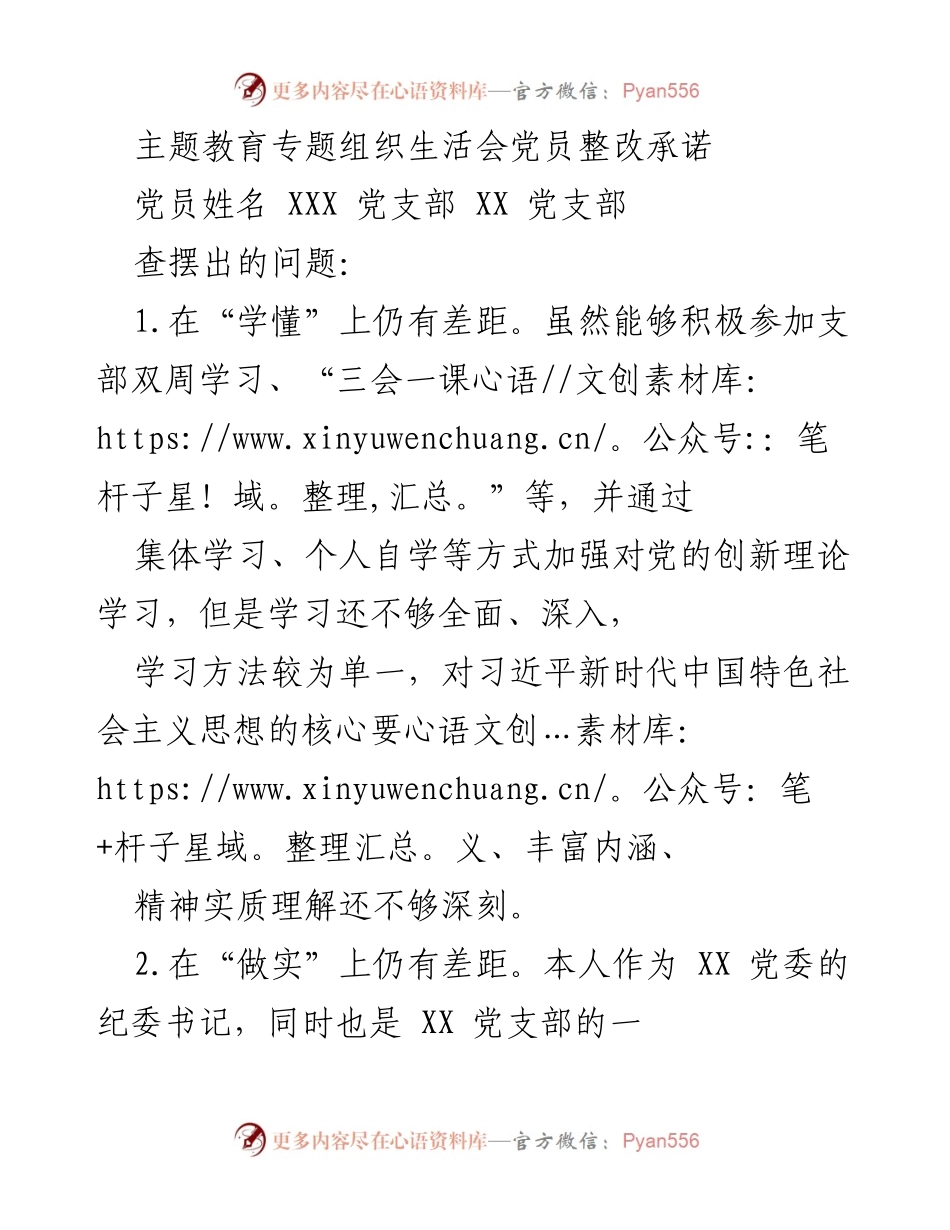 [整改承诺] 主题教育专题组织生活会 - 深化学习与整改承诺报告.docx_第1页