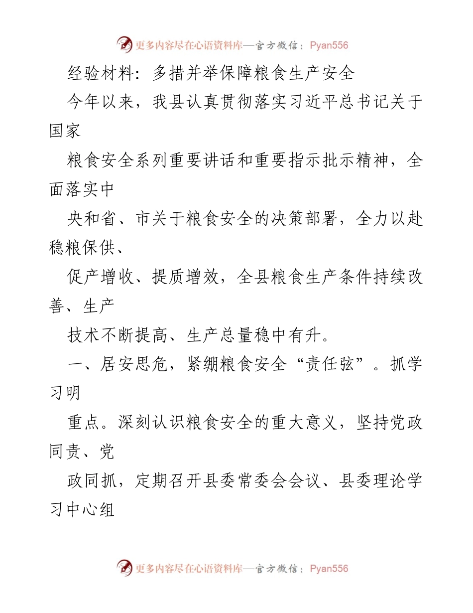 [经验材料] 粮食安全工作总结 - 多措并举保障粮食生产安全.docx_第1页