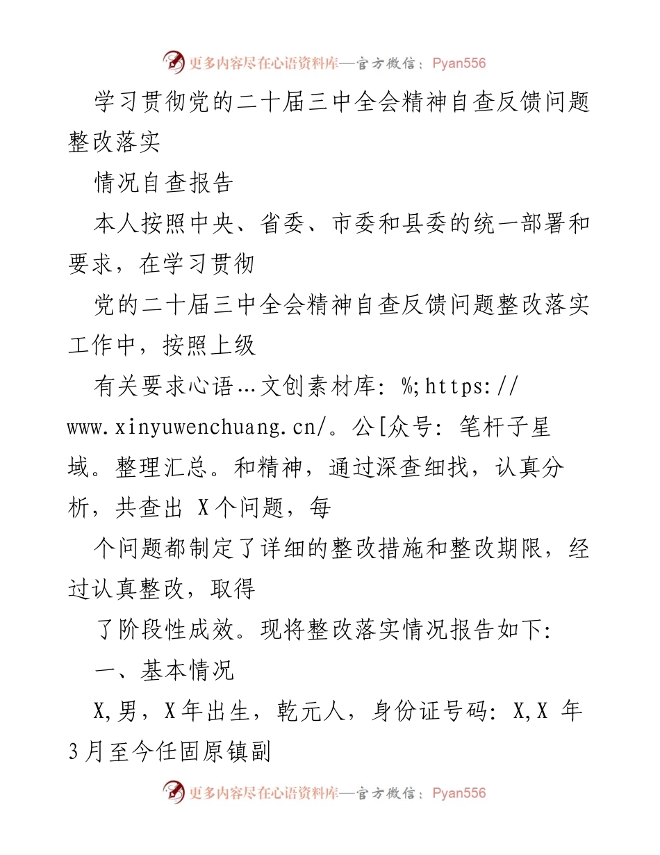 [情况自查报告] 学习贯彻党的二十届三中全会精神 - 党的二十届三中全会精神自查整改落实报告.docx_第1页