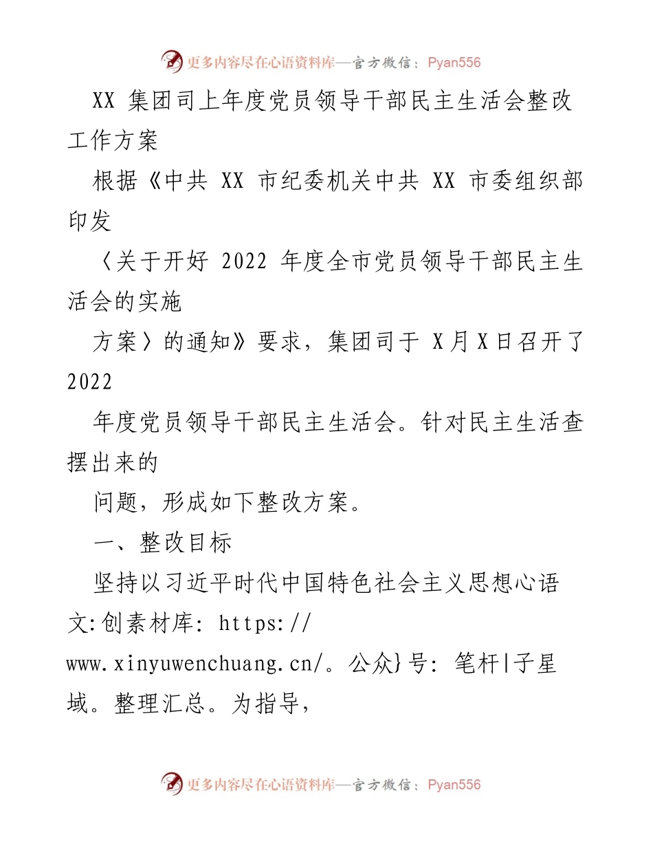[整改方案] 党员领导干部民主生活会 - XX集团党员领导干部整改工作方案.docx_第1页