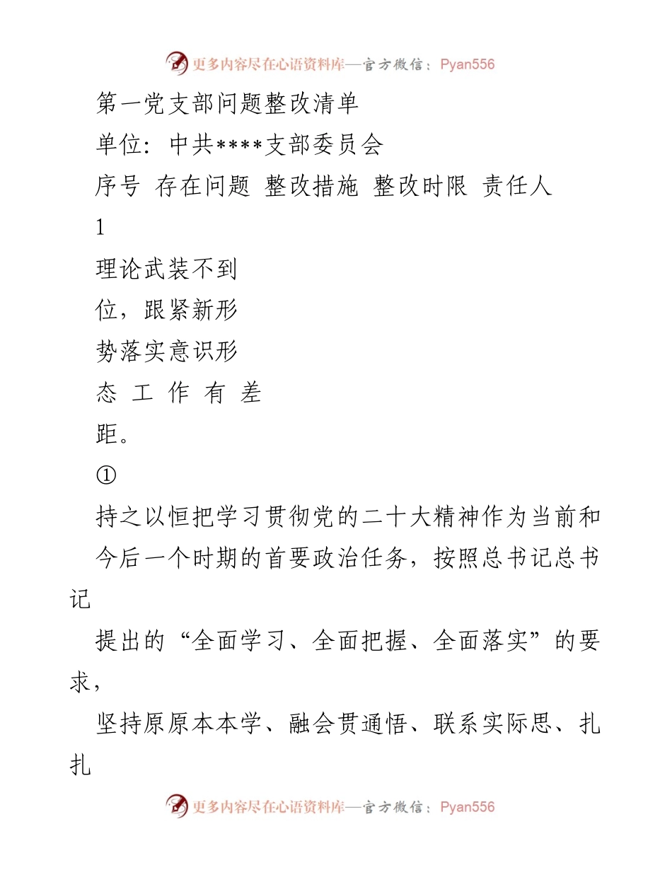 [整改报告] 党支部工作 - 第一党支部问题整改清单.docx_第1页