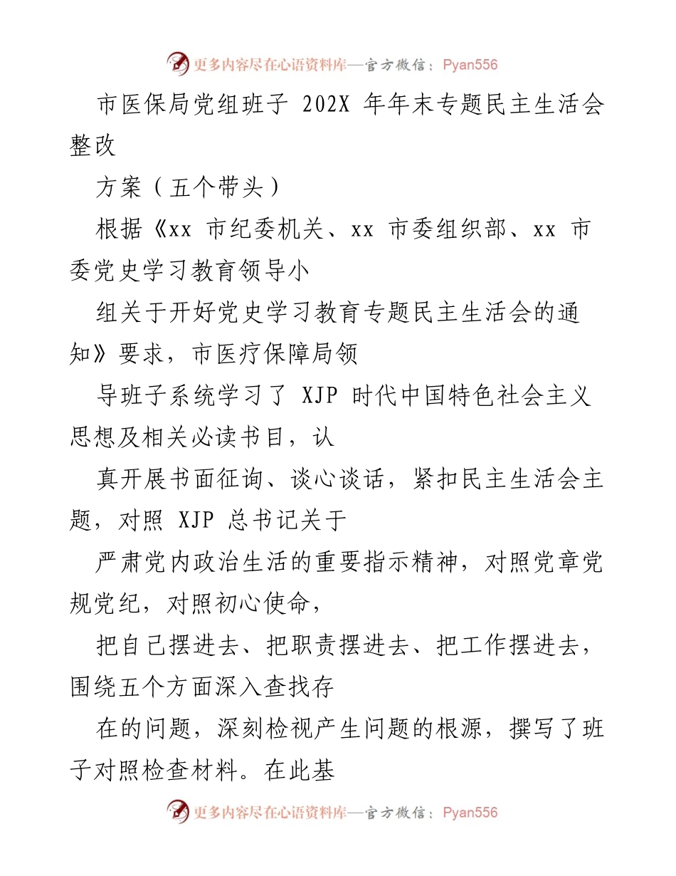 [整改方案] 年末专题民主生活会 - 市医保局党组班子整改方案及措施.docx_第1页