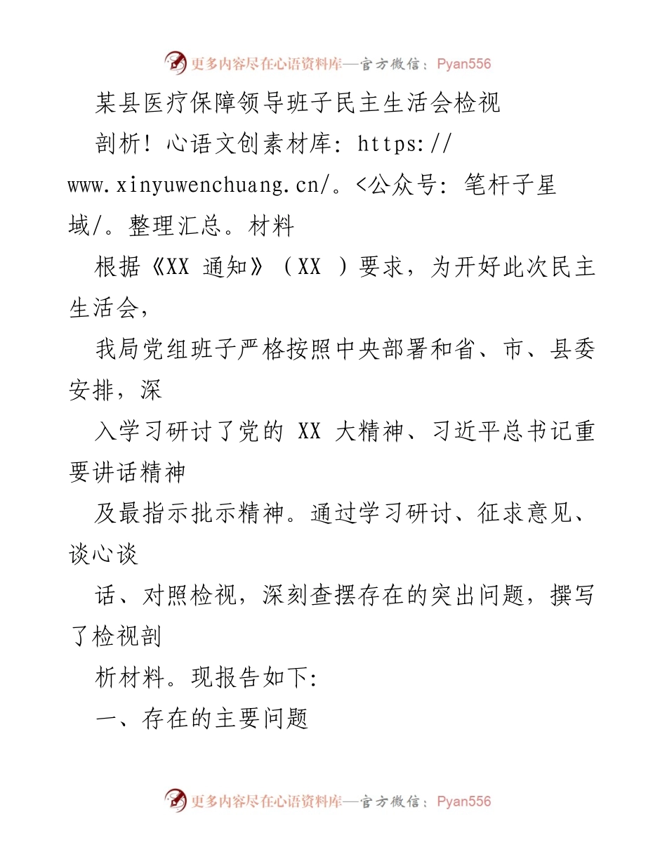 [检视剖析材料] 医疗保障领导班子民主生活会 - 深入检视突出问题，强化理论学习与政治建设.docx_第1页