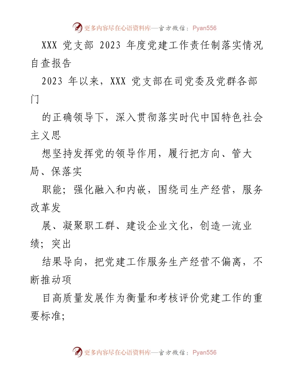 [自查报告] 党建工作 - XXX党支部2023年度党建工作责任制落实情况自查报告.docx_第1页