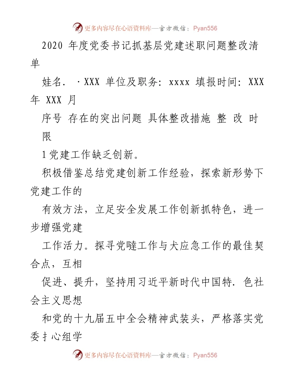 [整改清单] 党委书记述职 - 2020年度党建工作整改措施总结.docx_第1页