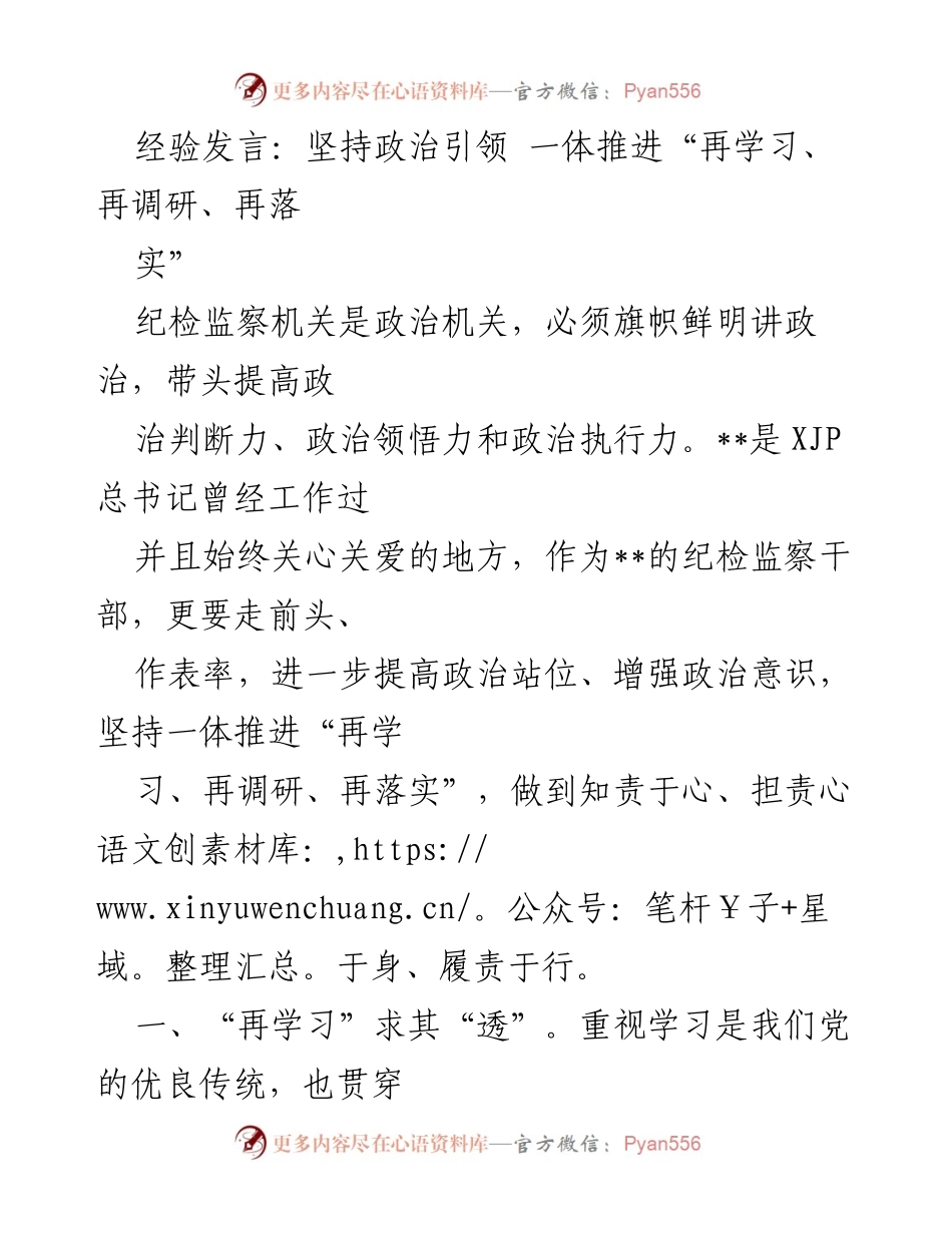 [经验发言] 纪检监察机关 - 坚持政治引领，推动“再学习、再调研、再落实”.docx_第1页