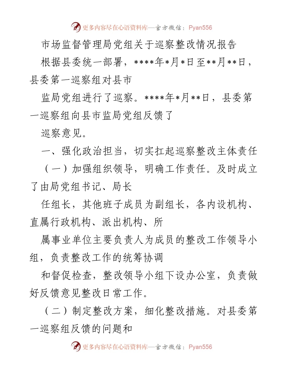 [整改报告] 巡察反馈 - 市场监督管理局巡察整改情况报告.docx_第1页