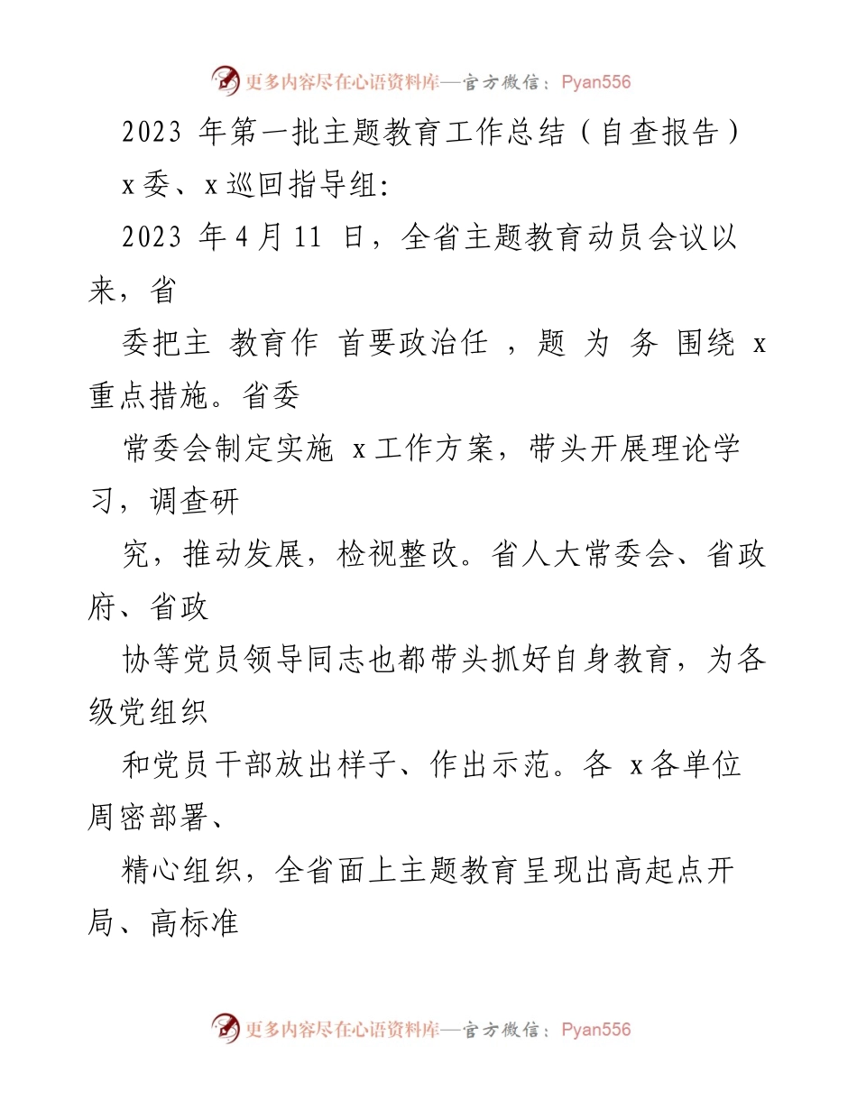 [自查报告] 主题教育工作总结 - 2023年第一批主题教育工作开展情况总结.docx_第1页