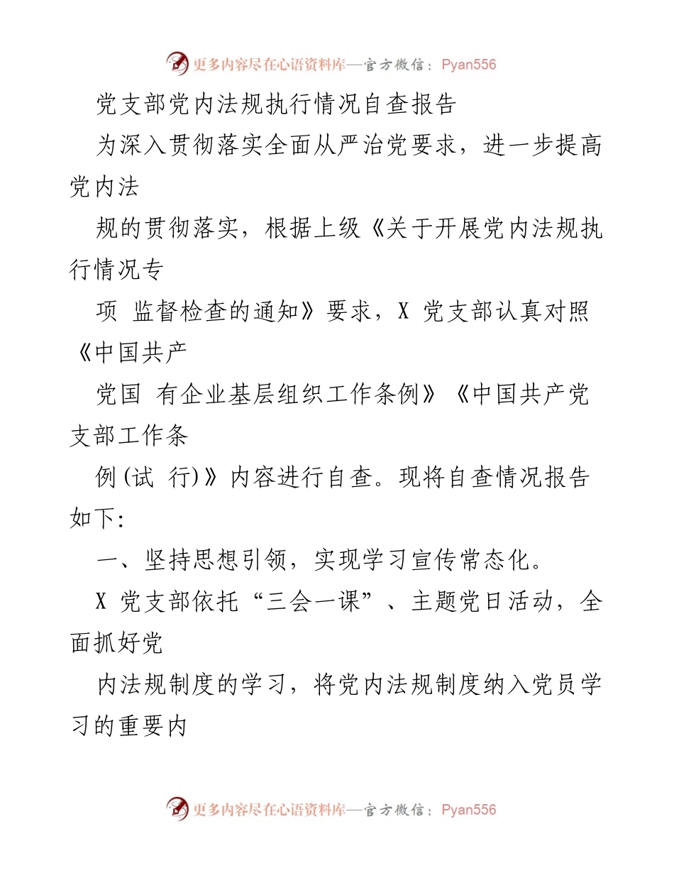 [自查报告] 党支部 - 党内法规执行情况自查报告.docx_第1页