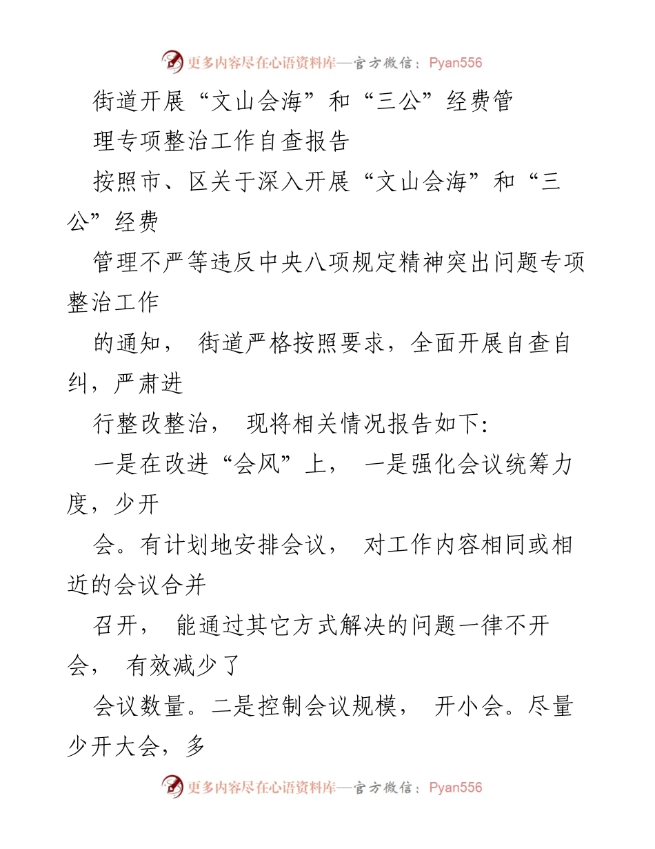[自查报告] 专项整治工作 - 街道“文山会海”和“三公”经费管理自查整治工作报告.docx_第1页