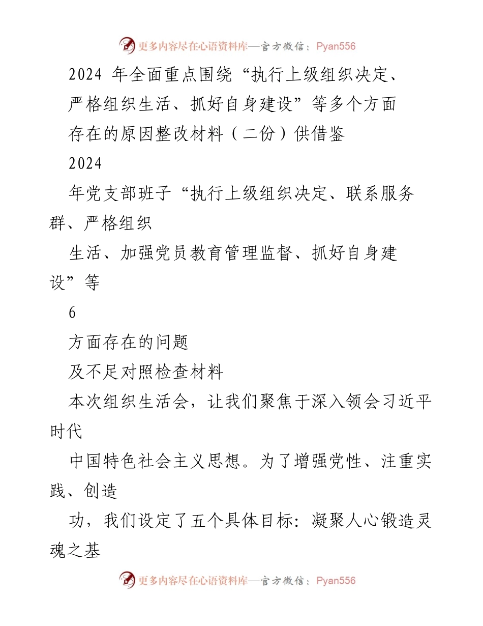 [整改材料] 党支部组织生活会 - 2024年党支部整改与自查报告.docx_第1页
