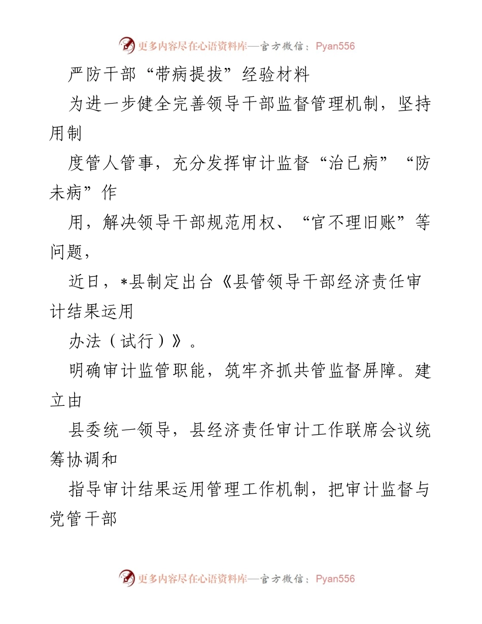 [经验材料] 领导干部监督管理 - 严防干部“带病提拔”的审计监督机制.docx_第1页