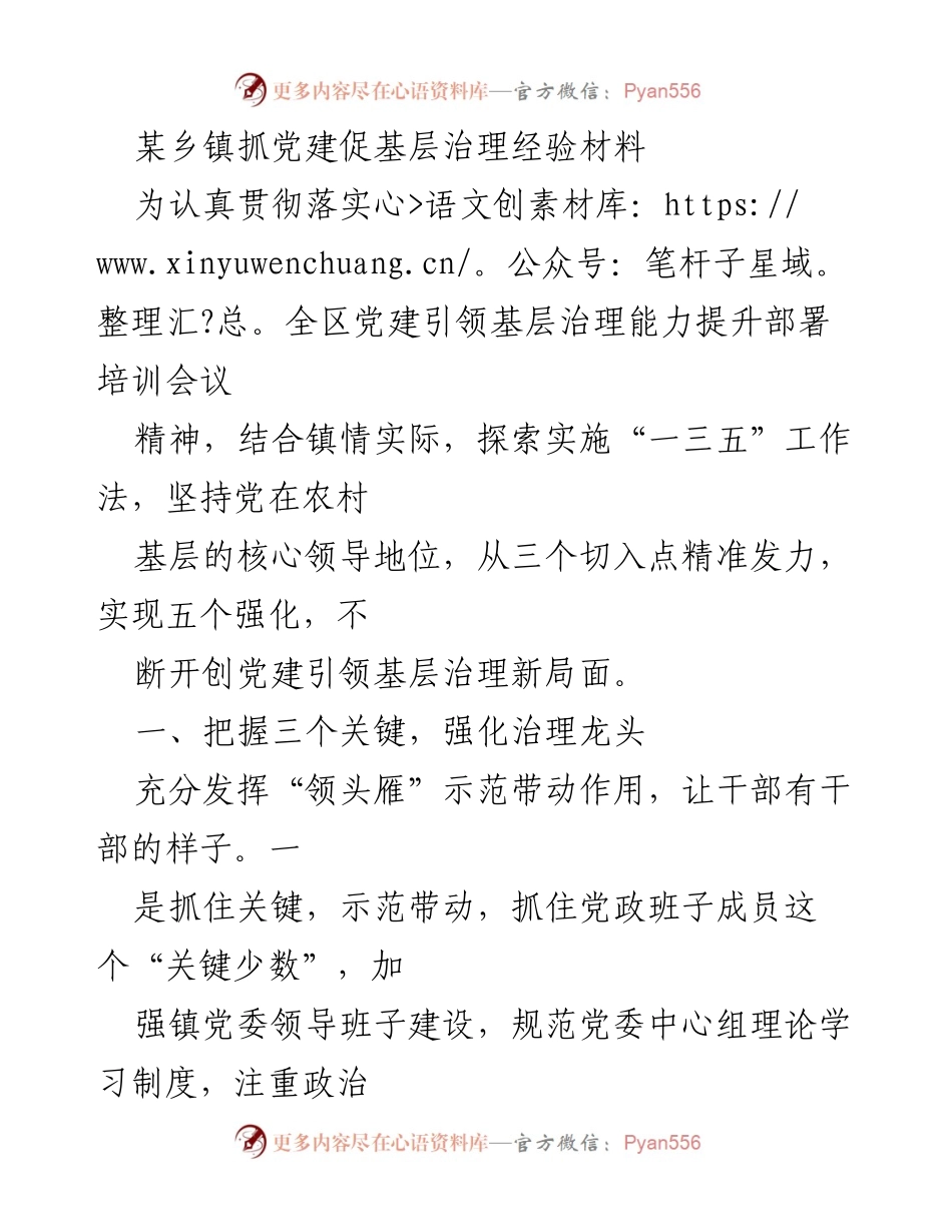 [经验材料] 党建引领基层治理 - 某乡镇党建引领基层治理经验分享.docx_第1页