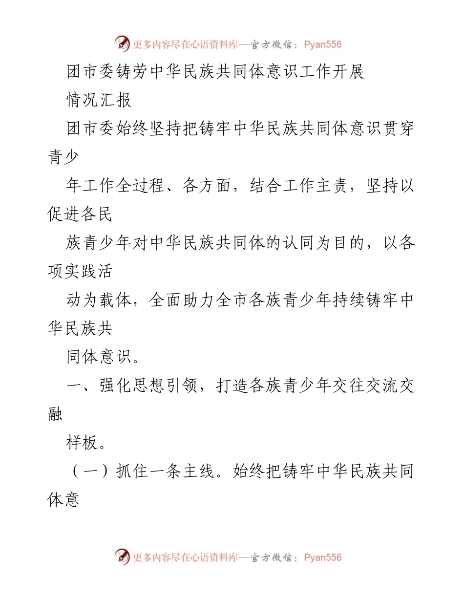 [情况汇报] 团市委工作 - 加强中华民族共同体意识，促进青少年交往与成长.docx_第1页