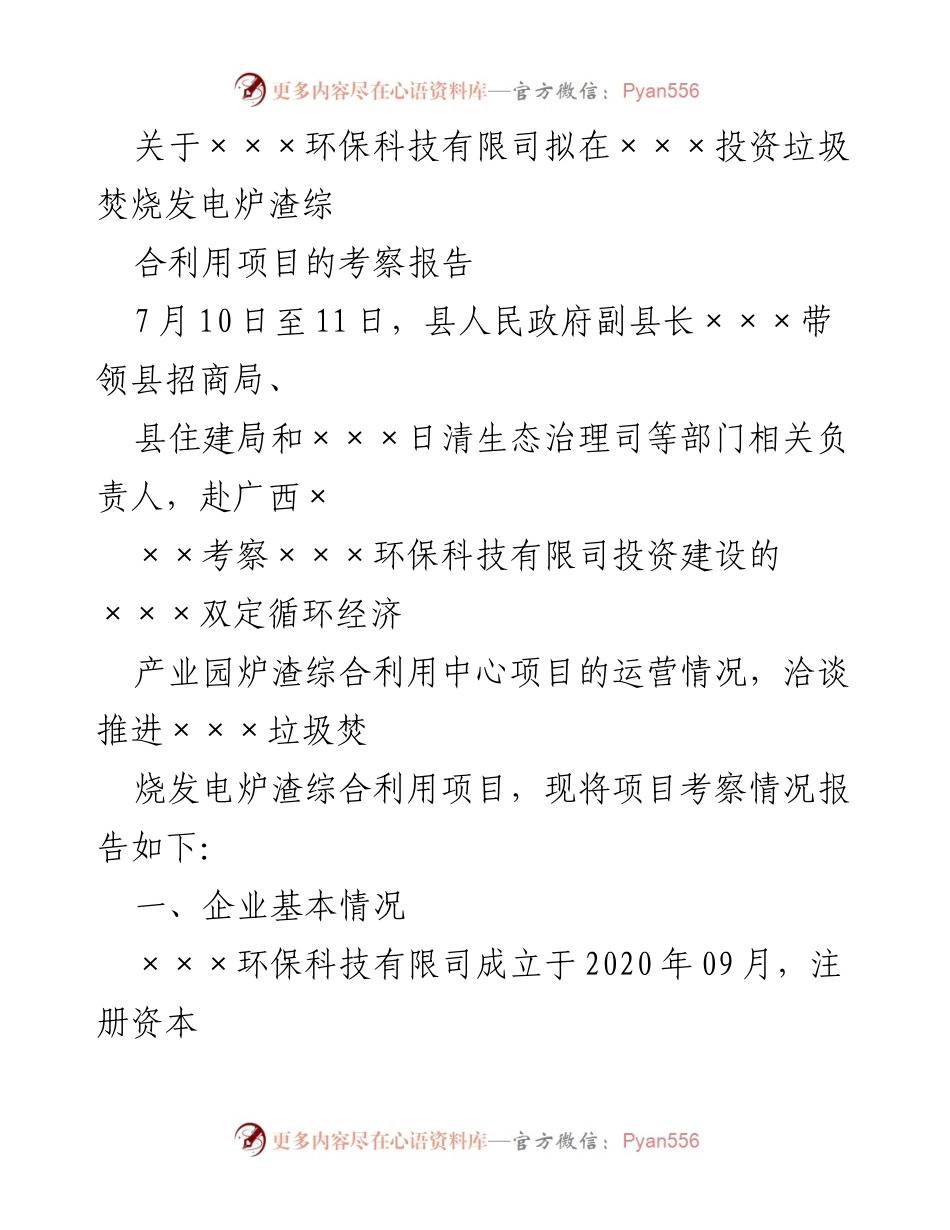 [考察报告] 项目洽谈 - 垃圾焚烧发电炉渣综合利用项目考察情况报告.docx_第1页