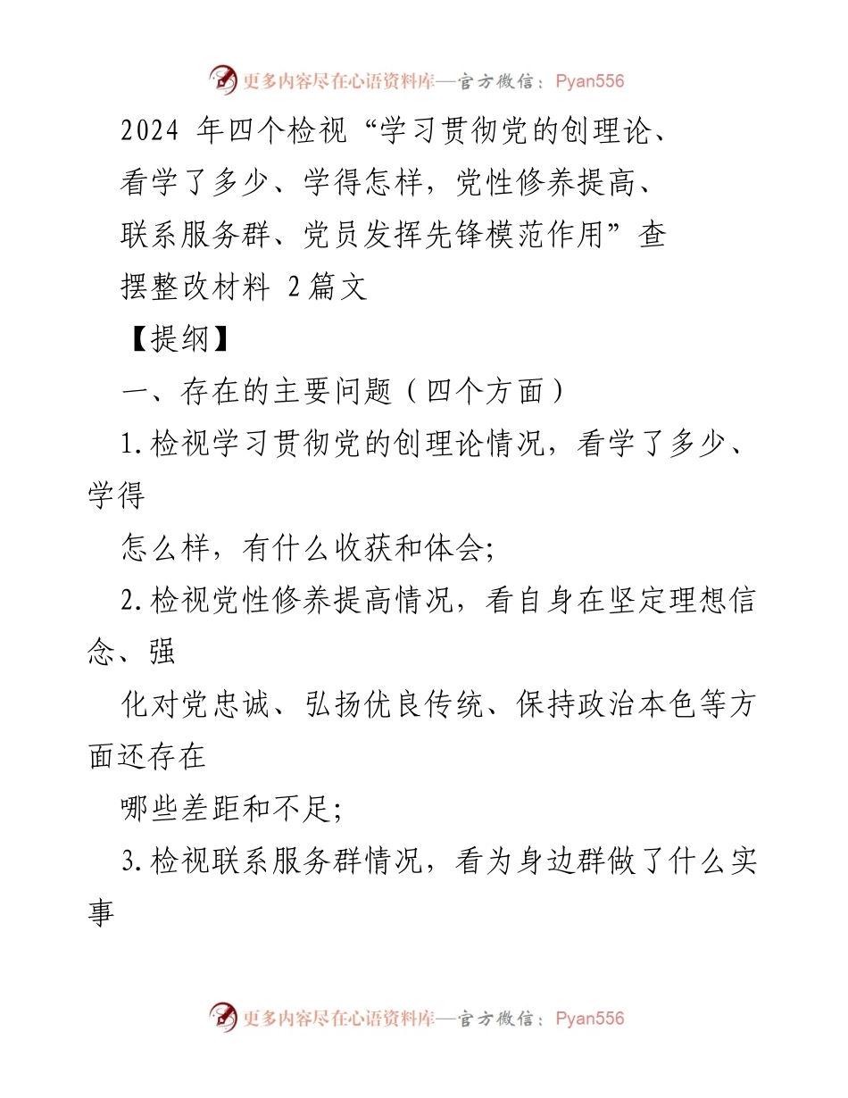 [整改报告] 党组织生活会 - 2024年党性修养与先锋模范作用检视整改材料.docx_第1页