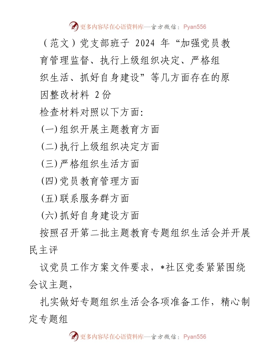 [整改材料] 党支部专题组织生活会 - 2024年党支部班子整改措施汇报_2.docx_第1页