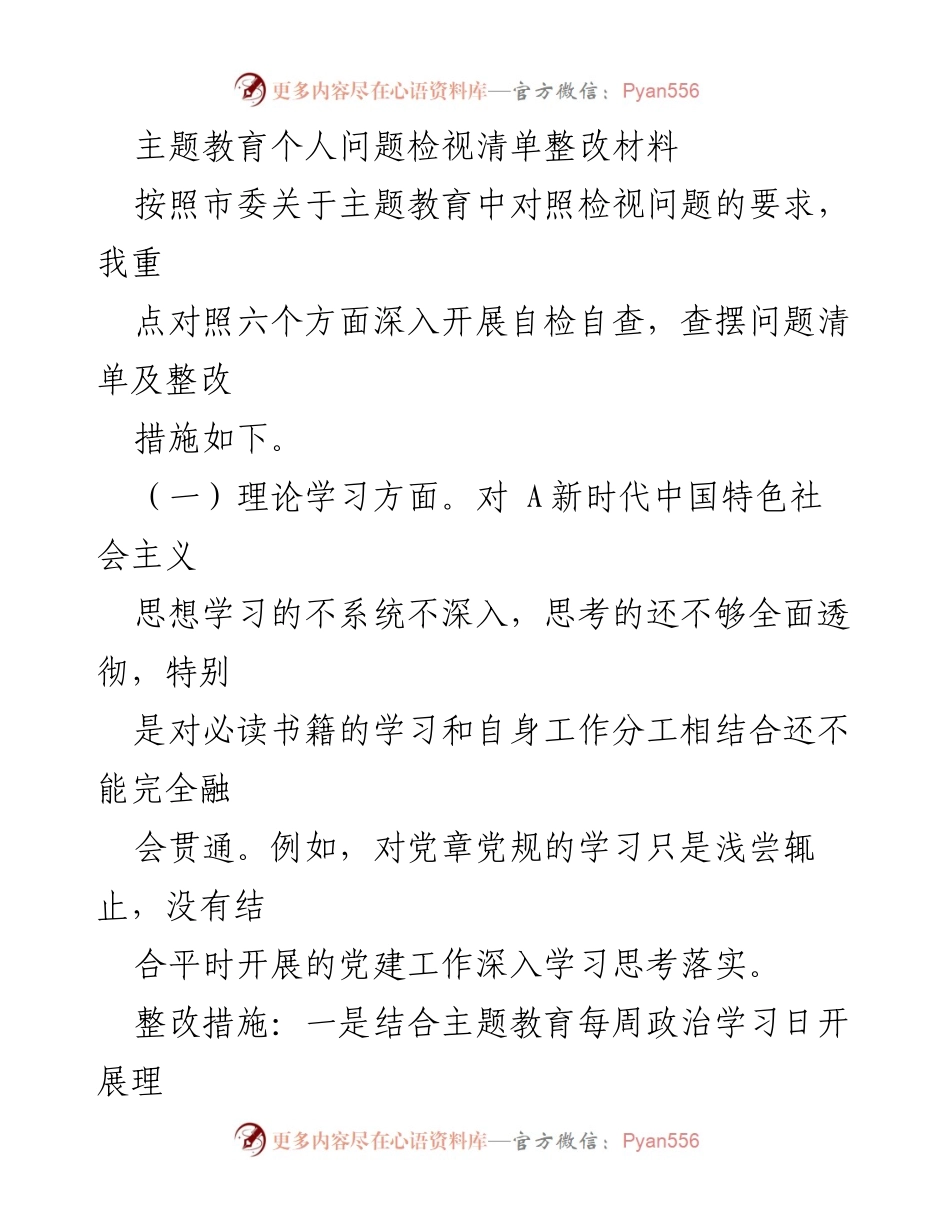 [整改材料] 主题教育 - 个人问题检视与整改措施总结.docx_第1页