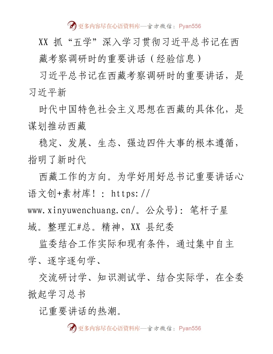 [经验信息] 纪委监委学习活动 - 深入学习贯彻习近平总书记在西藏考察调研时的重要讲话.docx_第1页