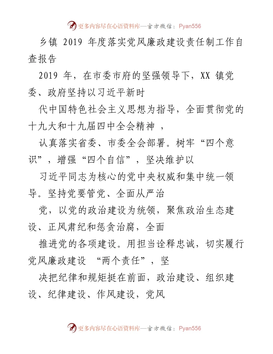 [自查报告] 乡镇 - 2019年度党风廉政建设责任制落实情况自查报告.docx_第1页